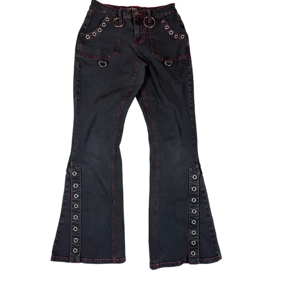 Hot Topic Denim - Hot Topic Black Red Contrast Stitch Grommet O-Ring Flare Jean Mall Goth Punk Y2K